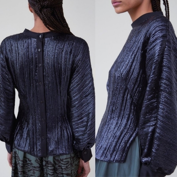New Rachel Comey Pensa Sequin Metallic Midnight Long Balloon Sleeves Top Size 4 - Picture 1 of 15